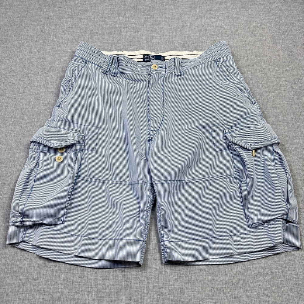 Polo Ralph Lauren Seersucker Cargo Shorts Mens 36 Blue Striped 10" Inseam